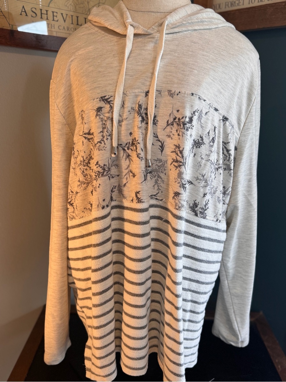 Maurices Cream Hooded Pullover with Gray Stripes and Floral Print